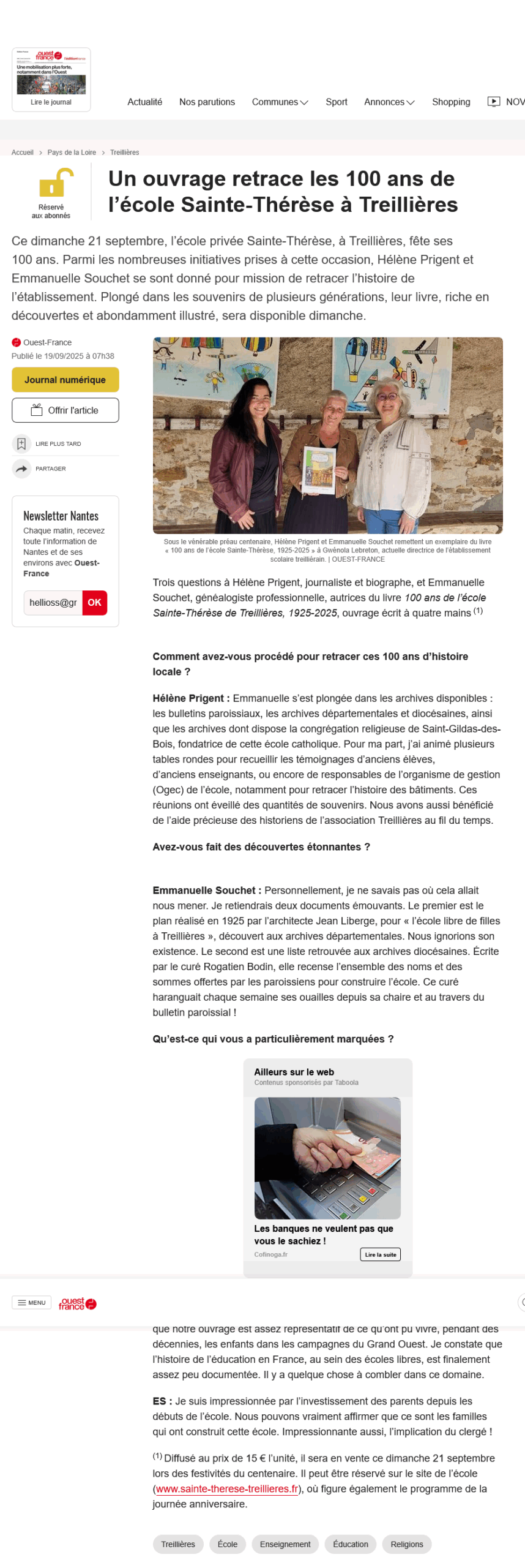 article de Ouest-France du 19/09/2025 consacré au livre "100 ans de l'école Sainte-Thérèse à Treillières"
